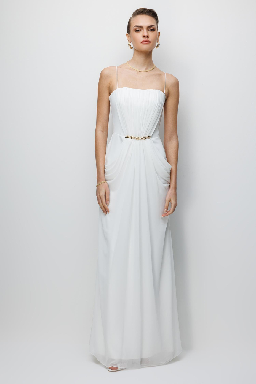 Bel Aksesuar Detaylı Drapeli Maxi Boy Elbise EKRU