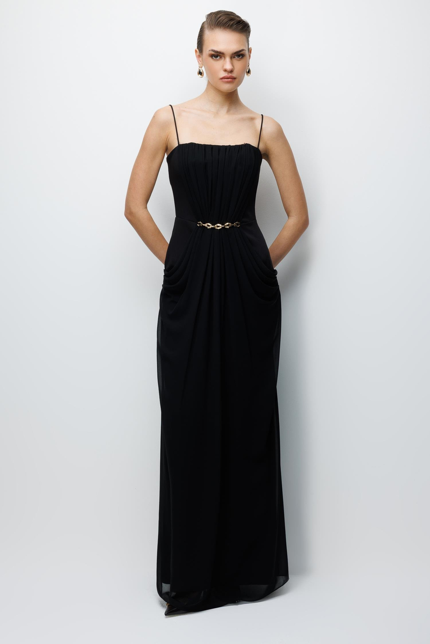 Bel Aksesuar Detaylı Drapeli Maxi Boy Elbise SİYAH