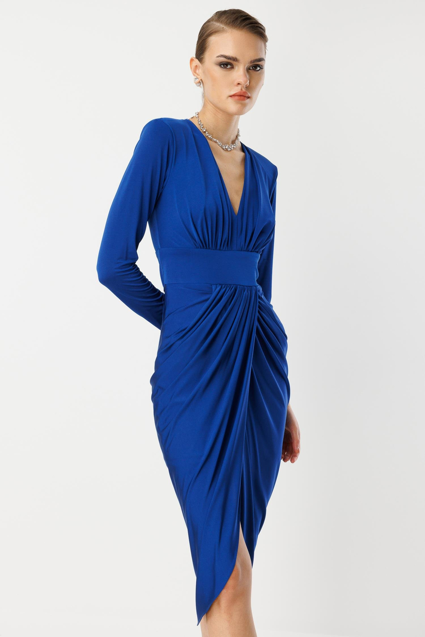 Bel Drape Detay Midi Elbise SAKS