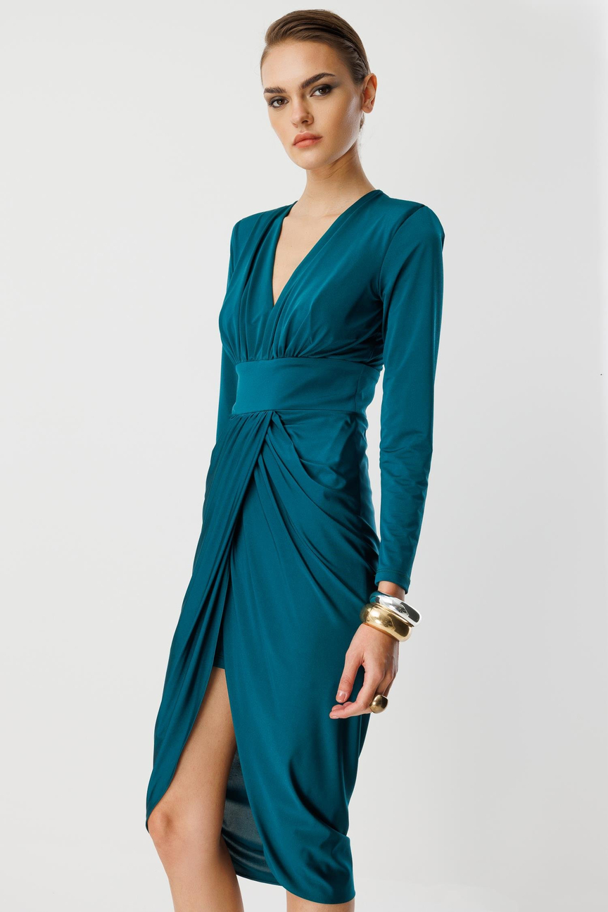 Bel Drape Detay Midi Elbise ZÜMRÜT