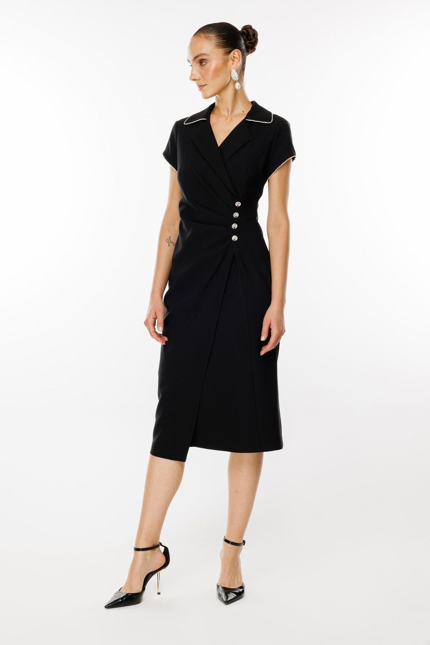 Waist Stone Stripe Gather Detail Double Breasted Dress BLACK