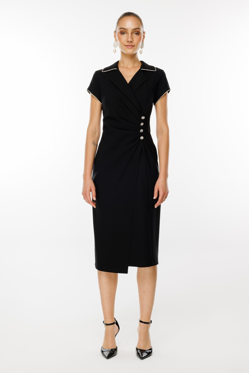 Waist Stone Stripe Gather Detail Double Breasted Dress BLACK