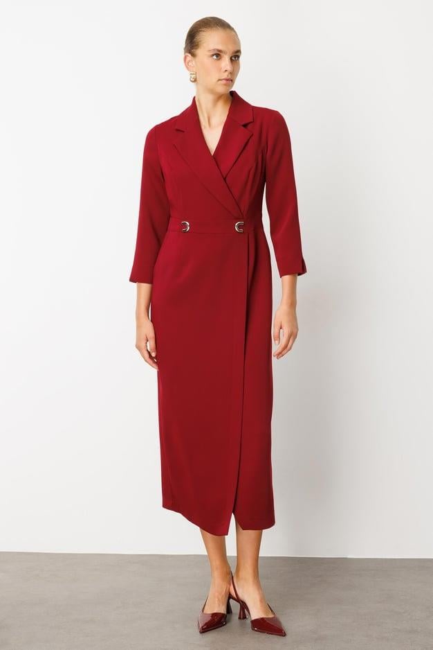 Beli Aksesuarlı Cepli Kruvaze Elbise BORDO