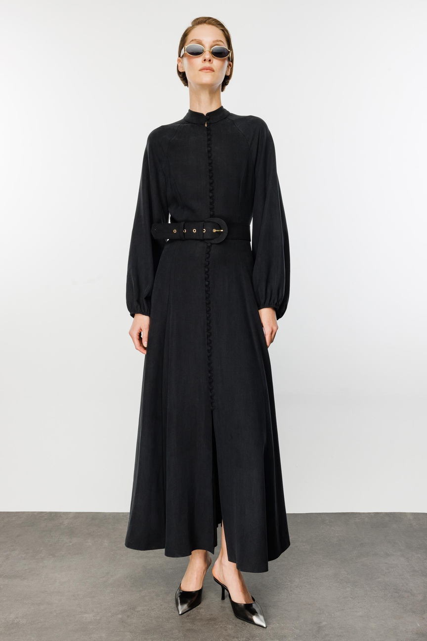 Birit Düğmeli Kemerli Elbise SİYAH