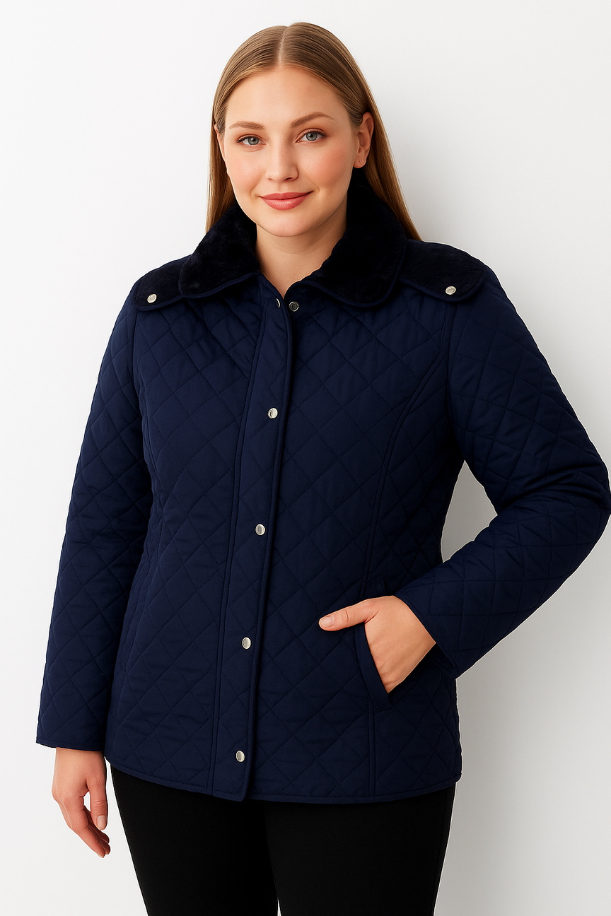 Büyük Beden  Zincir Desen Kapitone Mont LACİVERT