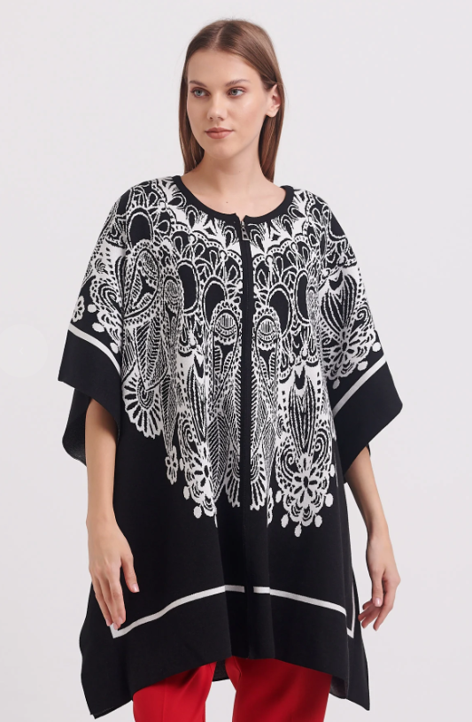 LARGE PATTERNED ZIPPER PONCHO BLACK