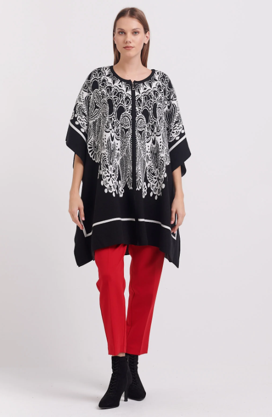 LARGE PATTERNED ZIPPER PONCHO BLACK