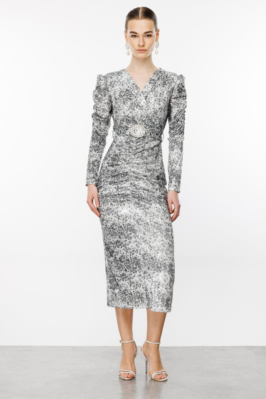 Büzgü Detaylı Kruvaze Payet Elbise SİYAH