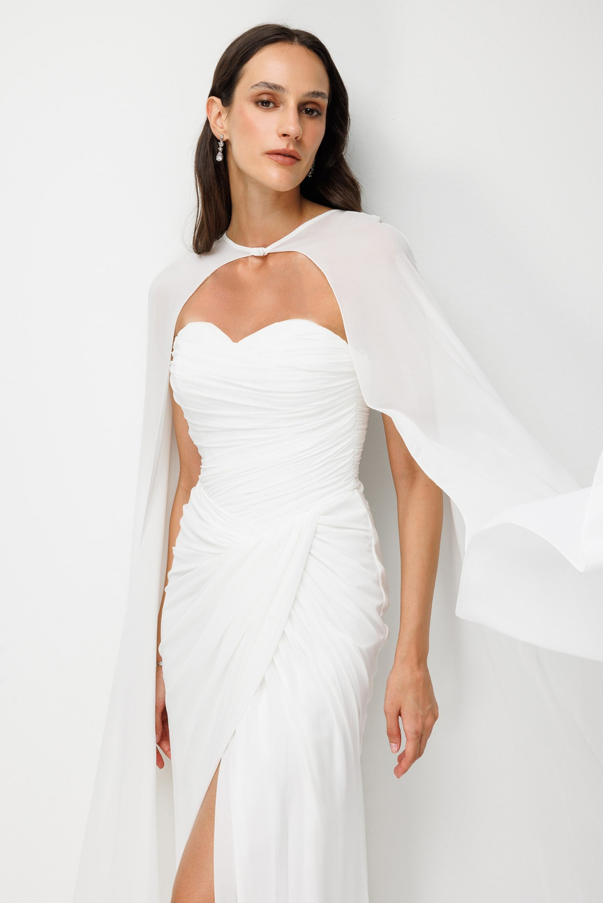 Pelerinli Drape Detaylı Şifon Abiye Elbise KEMİK