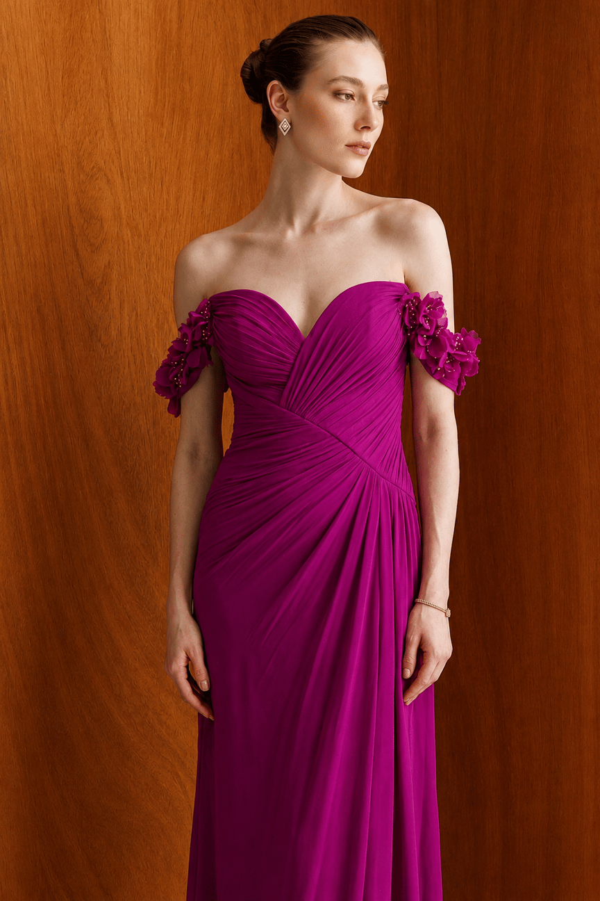 Evening Dress with Shoulder and Neck Floral Accent Details Fuchsia