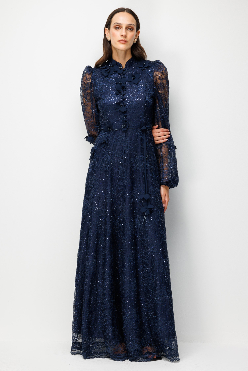 Floral Embroidered Lace Dress NAVY BLUE