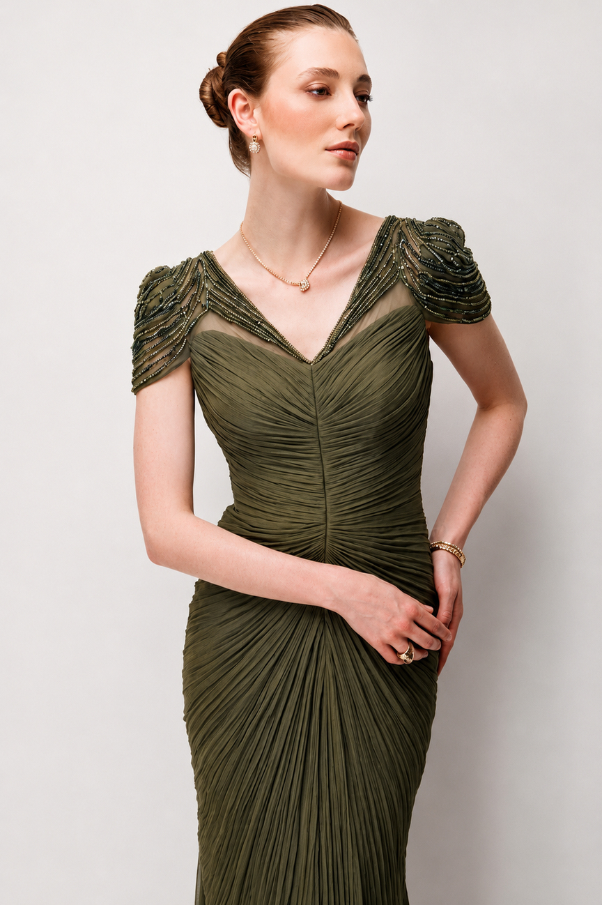 Beaded Shoulder Detail Draped Maxi Evening Dress 