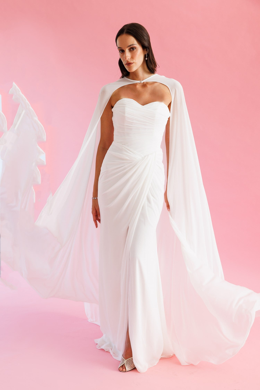 Pelerinli Drape Detaylı Şifon Abiye Elbise KEMİK