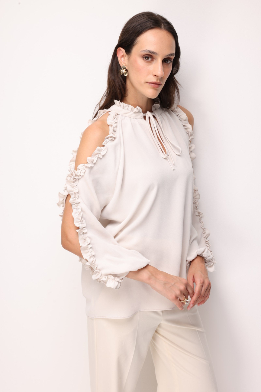 Halter Yaka Fırfır Detaylı Bluz BEJ