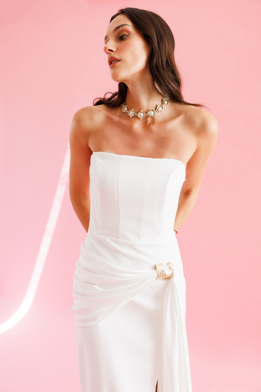 Strapless Draped Evening Dress with Gold Buckle ECRU