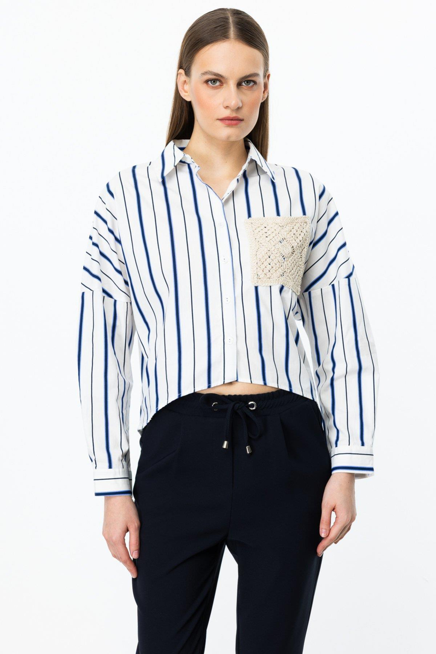 Cebi Dantel Detaylı Çizgili Gömlek LACİVERT