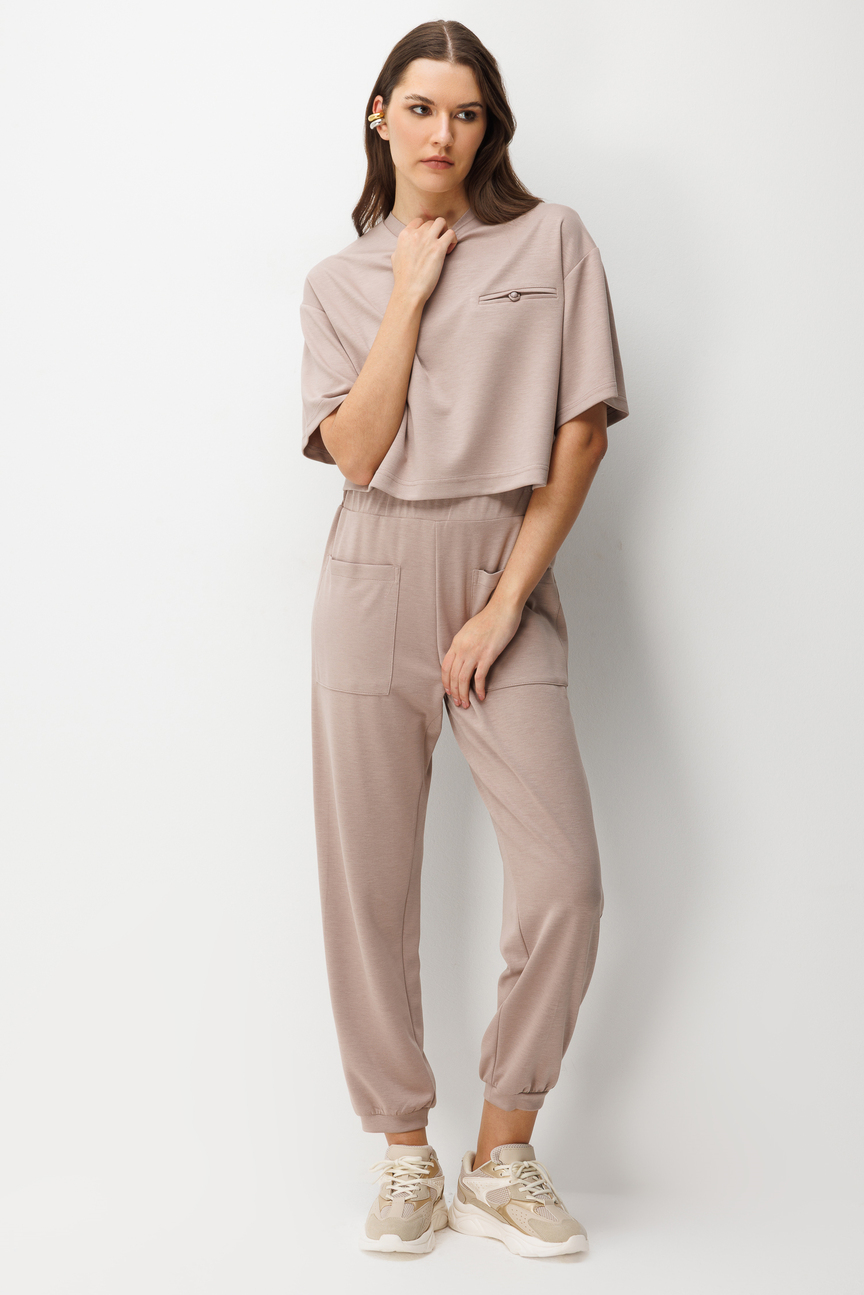 Cep Detay Bluz Pantolonı 2li Takım BEJ