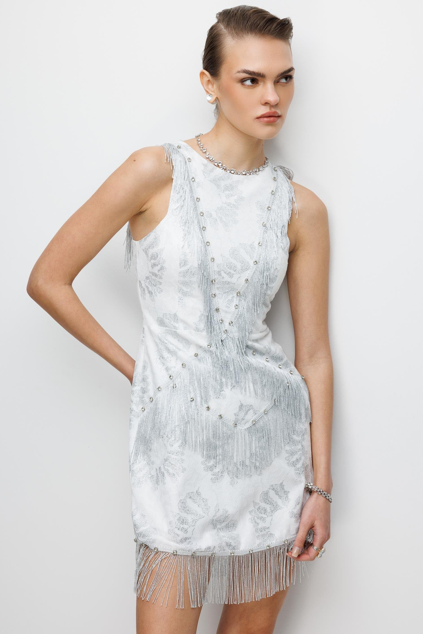 Çiçek Desenli Püskül Ve İşleme Detaylı Mini Elbise EKRU