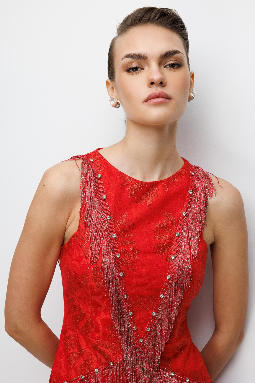 Çiçek Desenli Püskül Ve İşleme Detaylı Mini Elbise KIRMIZI