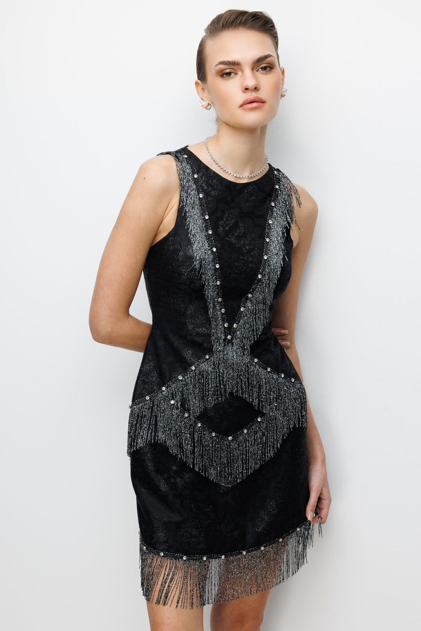 Çiçek Desenli Püskül Ve İşleme Detaylı Mini Elbise SİYAH