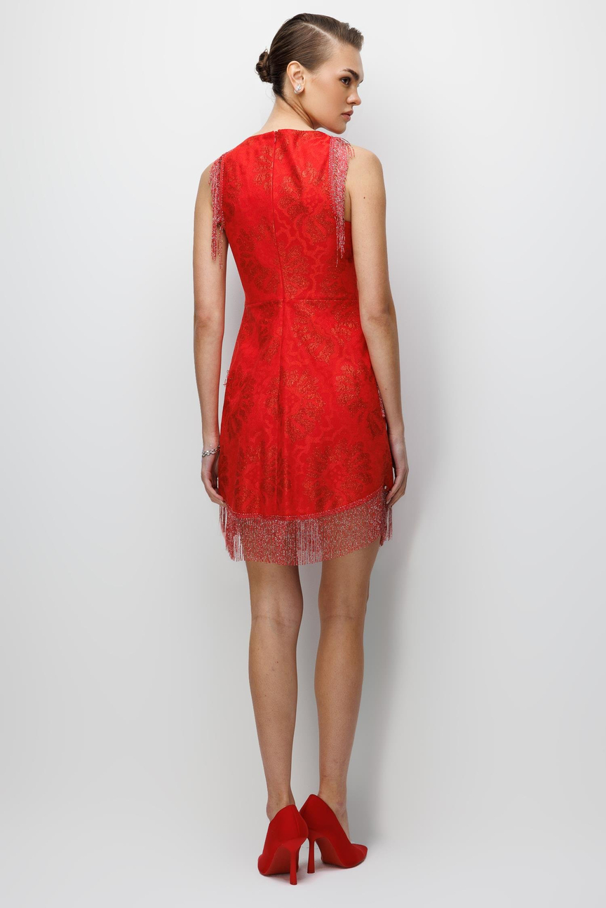 Çiçek Desenli Püskül Ve İşleme Detaylı Mini Elbise KIRMIZI