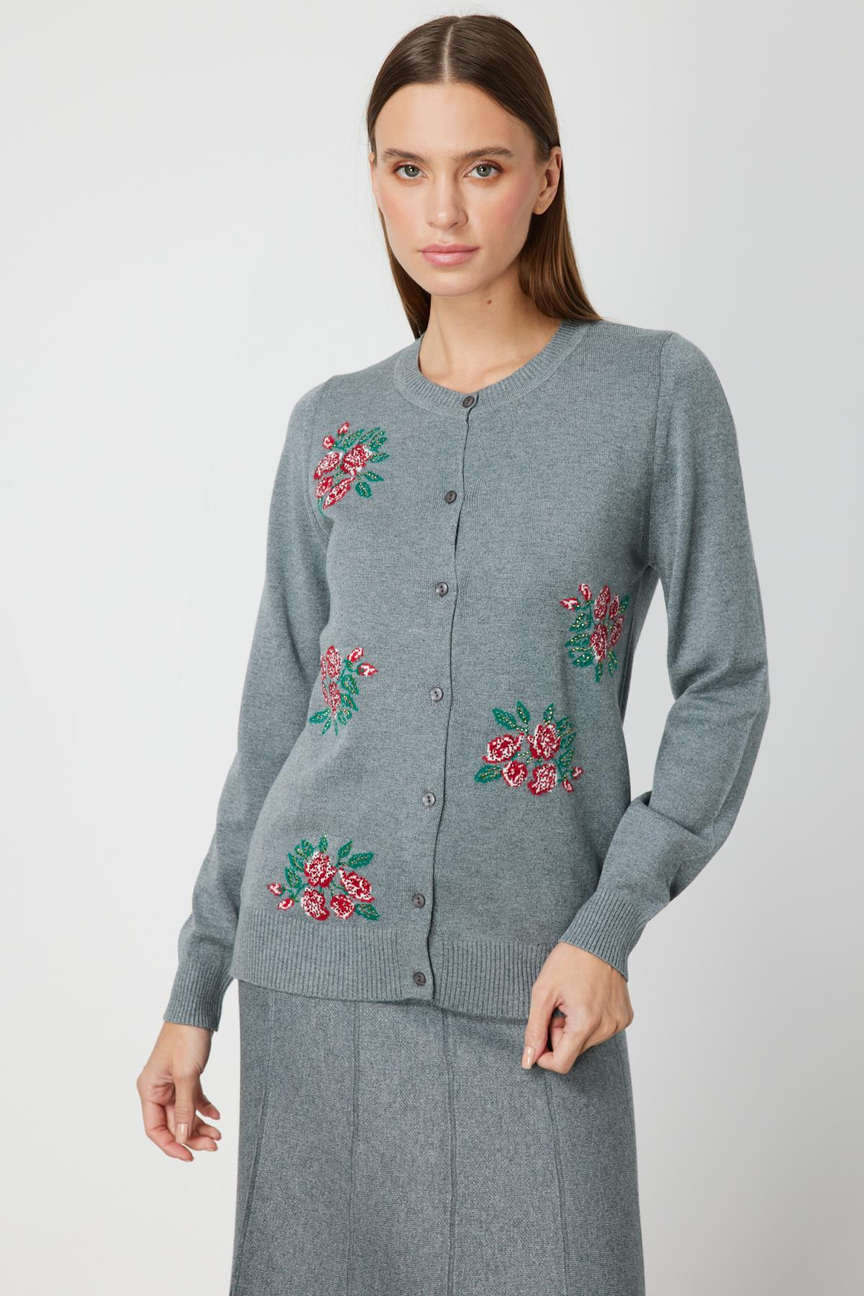 Çiçek Nakışlı Düğmeli Hırka GRİ