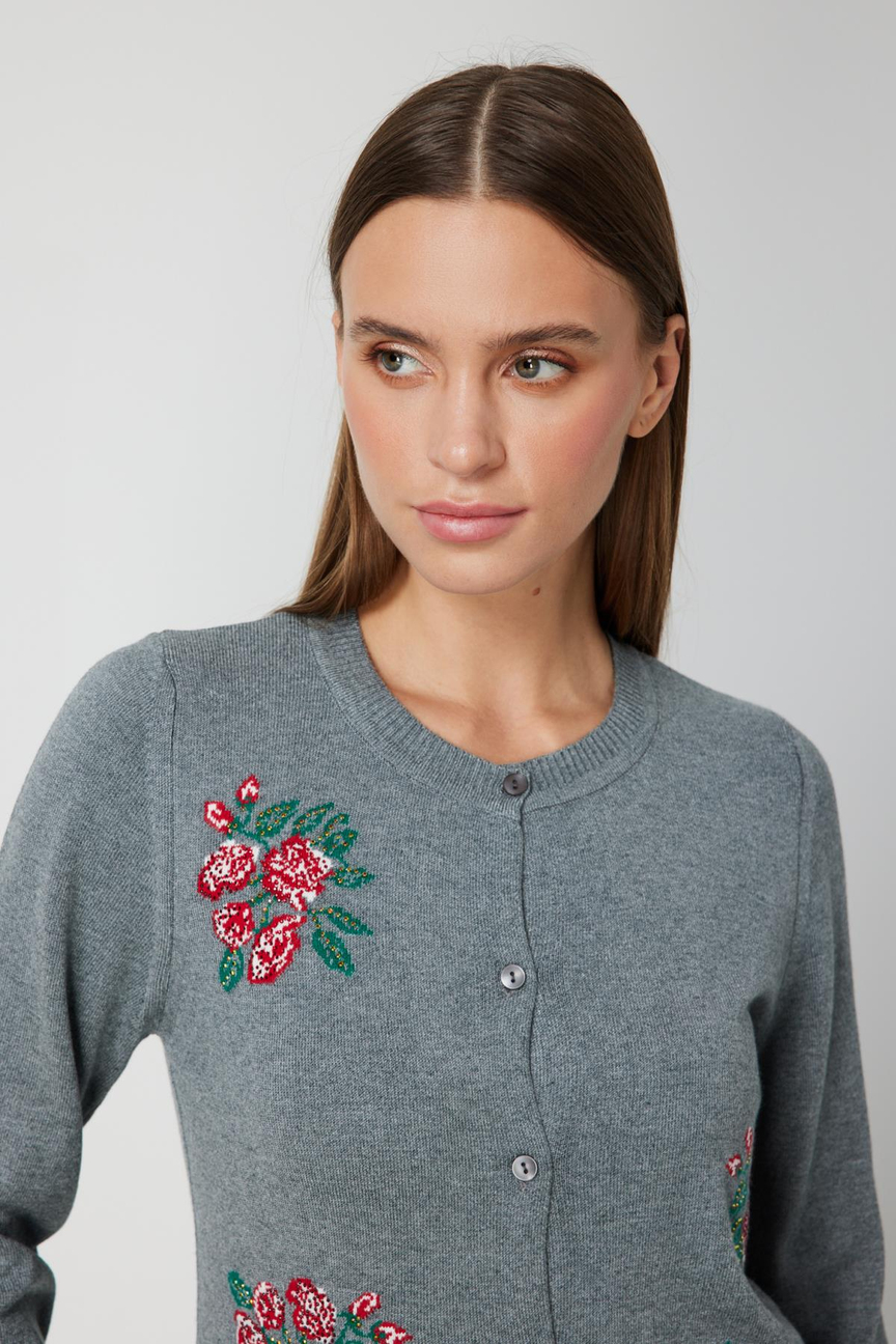 Çiçek Nakışlı Düğmeli Hırka GRİ