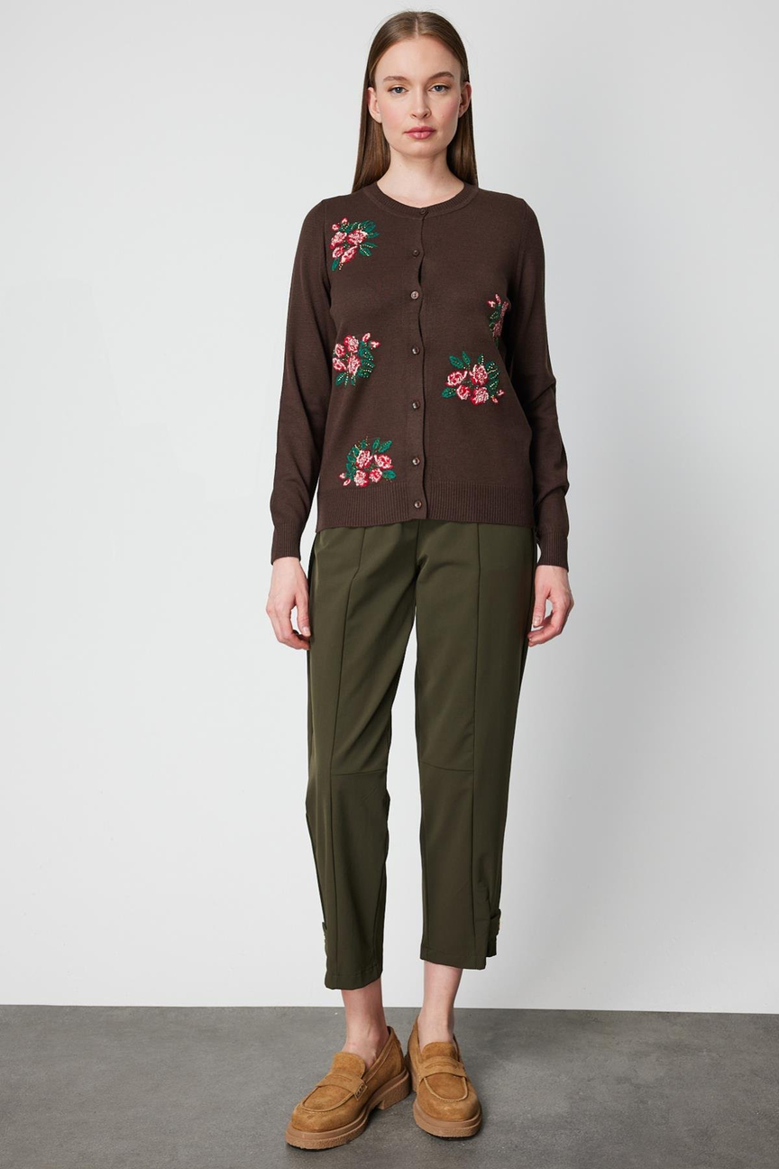 Çiçek Nakışlı Düğmeli Hırka KAHVE