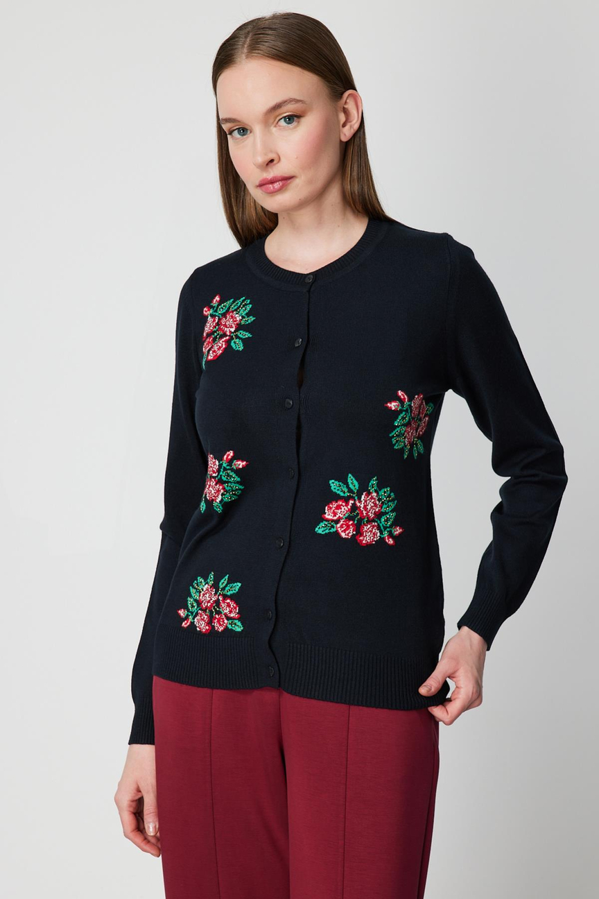 Çiçek Nakışlı Düğmeli Hırka SİYAH