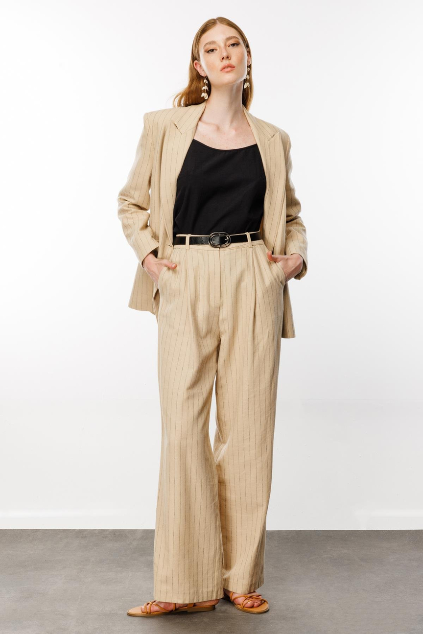 Çizgili Oversize Ceket BEJ