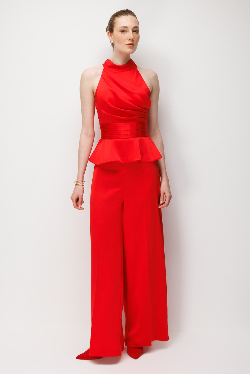 Halter Yaka Drapeli Peplum Bluz  Pantolon İkili Takım  KIRMIZI