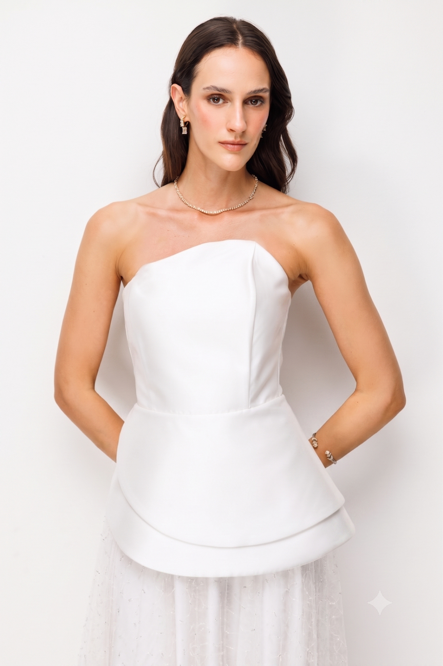 Lace-Up Back Layered Tulle Peplum Evening Dress ECRU