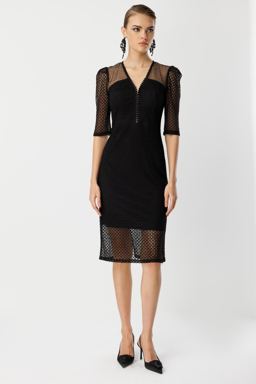 Dantel Detay Midi Elbise SİYAH