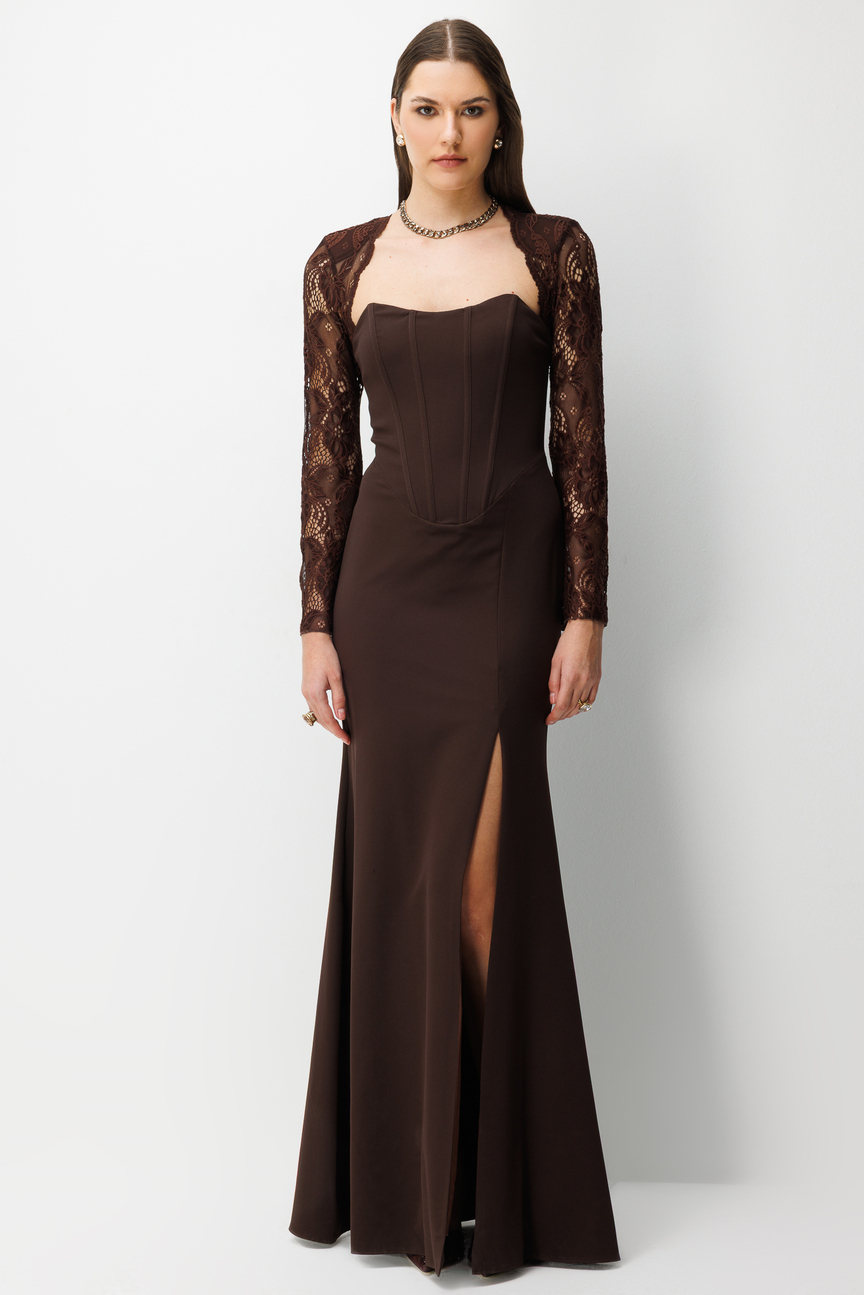 Dantel Detaylı Balık Model Elbise KAHVE
