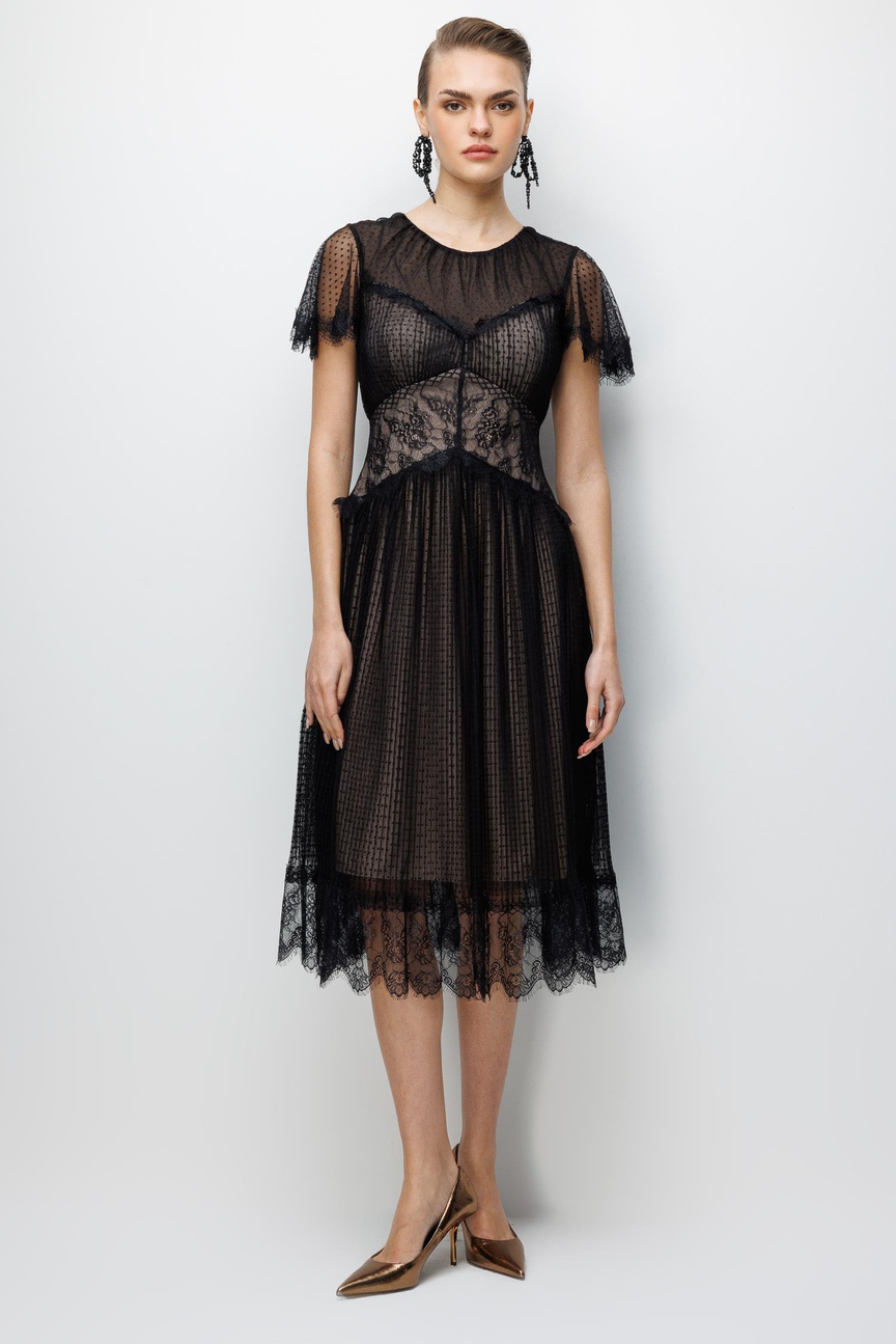 Dantel Garnili Tül Elbise SİYAH