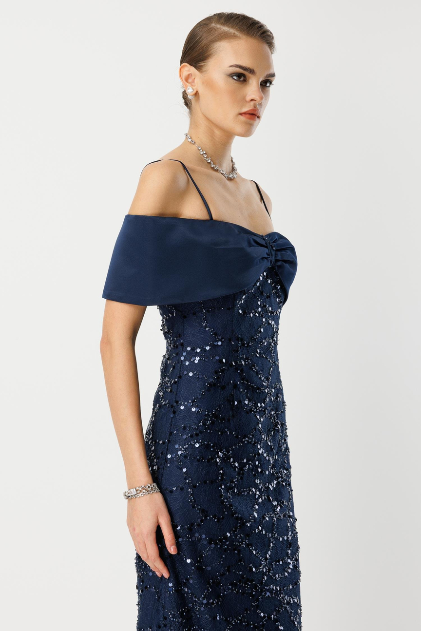 Dantel İşleme Detay Yaka Abiye LACİVERT