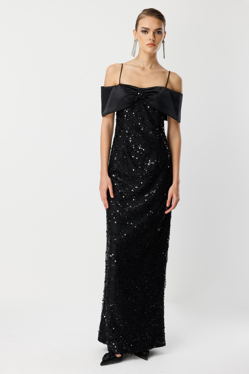 Lace Embroidery Detail Collar Evening Dress BLACK