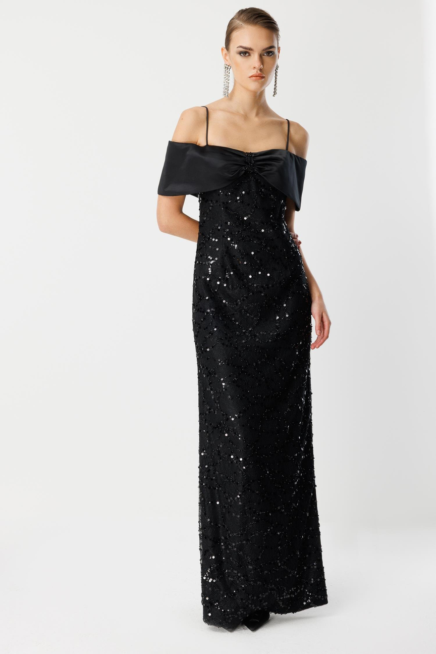 Lace Embroidery Detail Collar Evening Dress BLACK