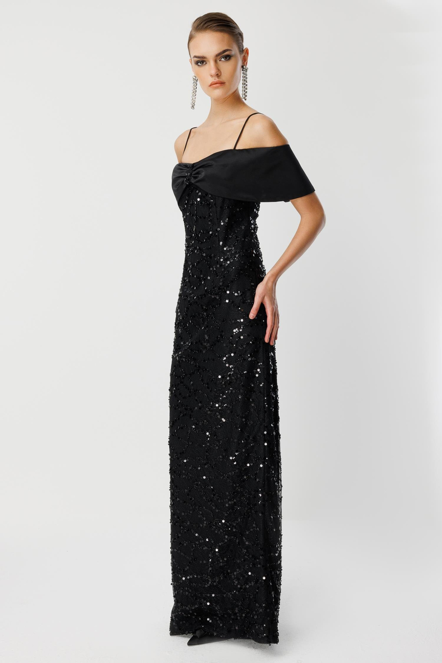 Lace Embroidery Detail Collar Evening Dress BLACK