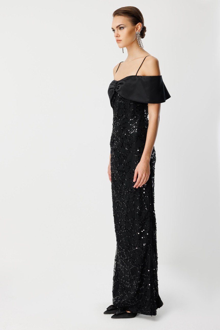 Lace Embroidery Detail Collar Evening Dress BLACK