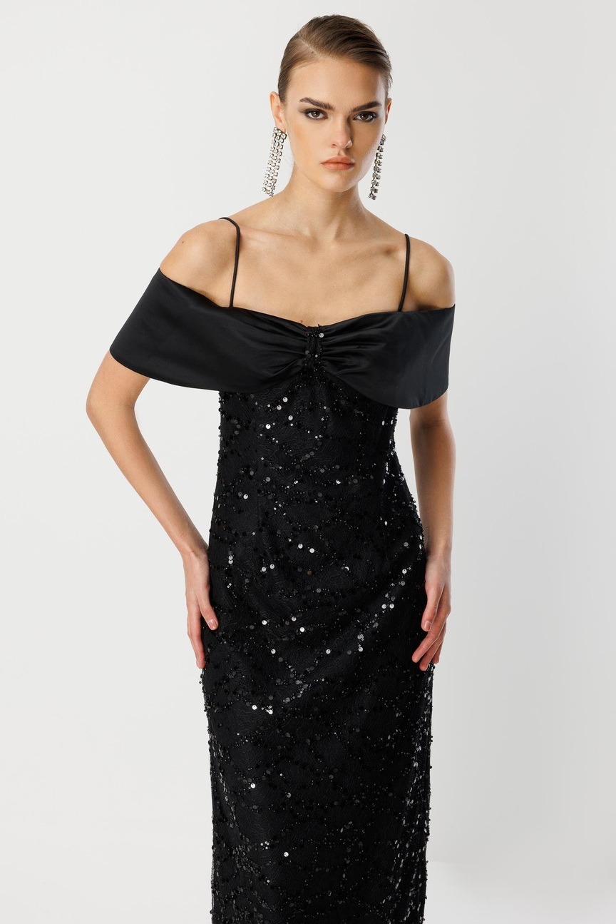 Lace Embroidery Detail Collar Evening Dress BLACK