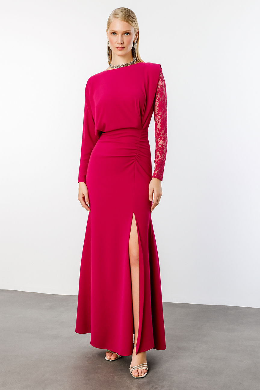 Dantel Kol Krep Yırtmaçlı Elbise FUŞYA
