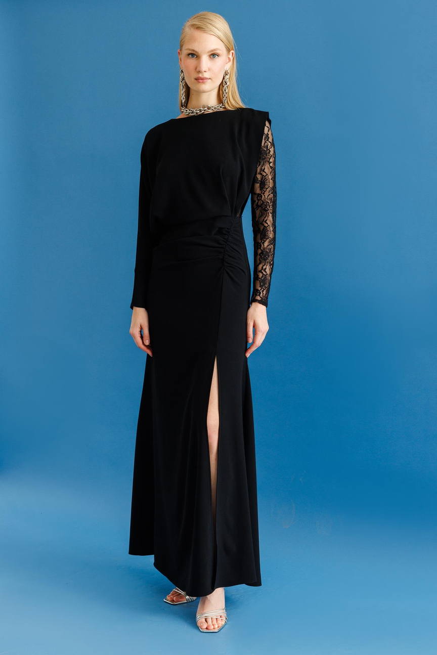 Lace Sleeve Crepe Slit Dress BLACK