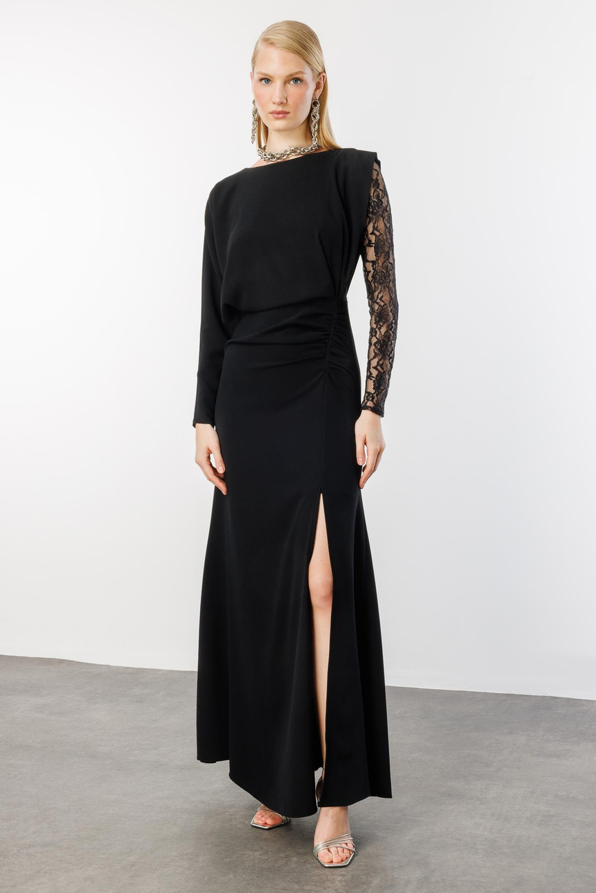 Lace Sleeve Crepe Slit Dress BLACK