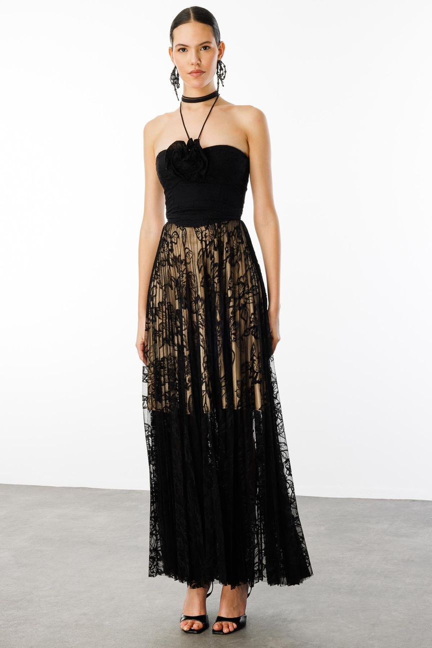 Dantel Lastikli Uzun  Etek SİYAH