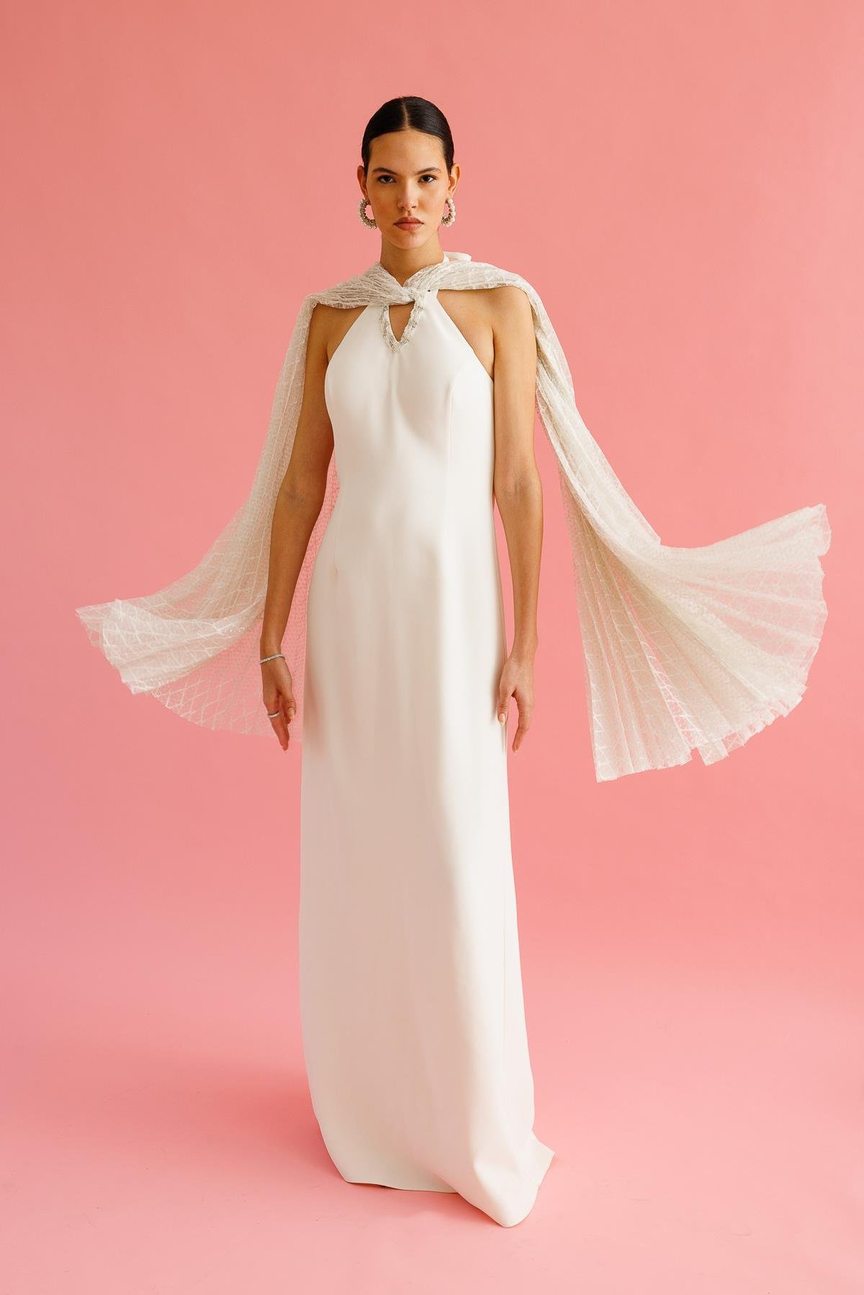 Dantel Pelerinli İşleme Detaylı Abiye Elbise EKRU