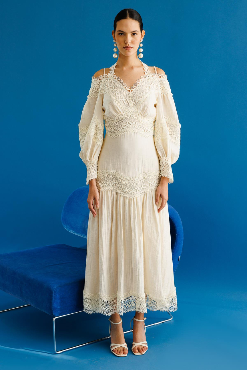 Dantel Şeritli Boyundan Bağlama Detaylı Elbise EKRU