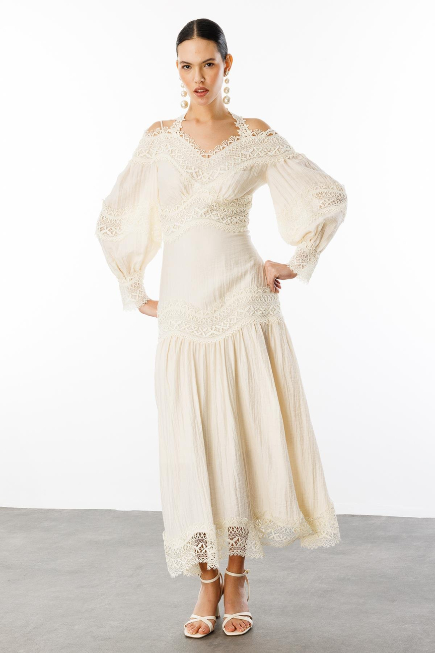 Dantel Şeritli Boyundan Bağlama Detaylı Elbise EKRU