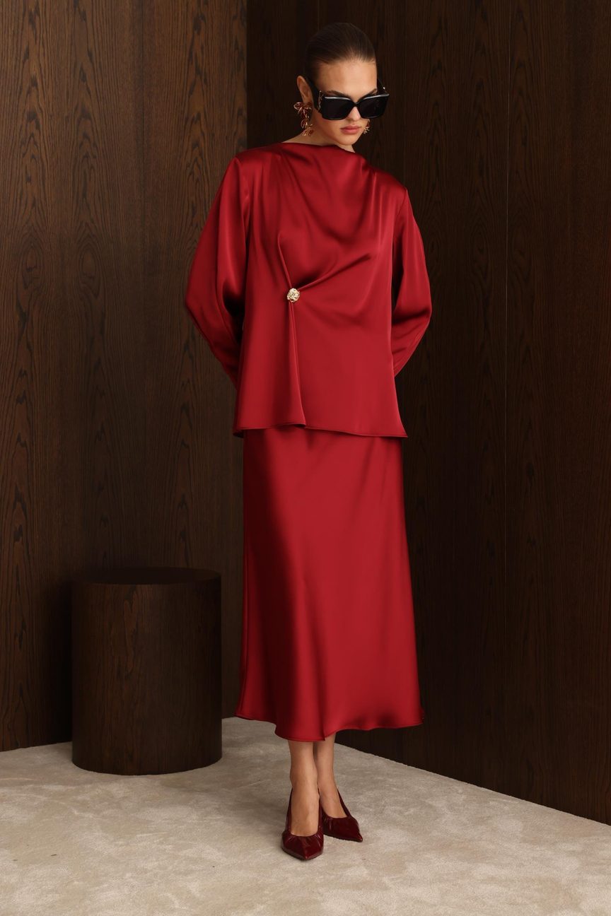 Degaje Yaka Uzun Kol Bluz BORDO