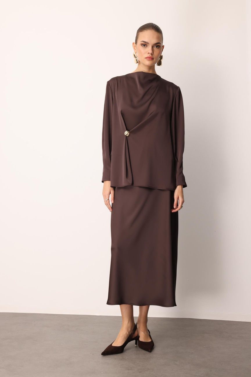 Degaje Yaka Uzun Kol Bluz KAHVE